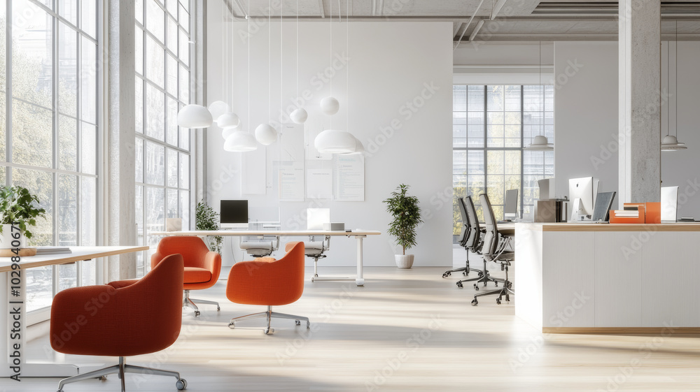 Sticker Modern office interior design features bright, spacious layout with large windows, stylish furniture, and welcoming atmosphere. orange chairs add pop of color to serene environment