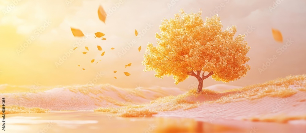 Sticker A lone, golden tree stands tall in a field, leaves fluttering in the warm breeze.  Sunlight paints the landscape in warm hues, creating a sense of serenity and peace.