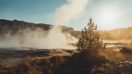 Serene Foggy Landscape with Rising Steam