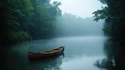 Obraz premium Serene Foggy River with Canoe in Tranquil Setting