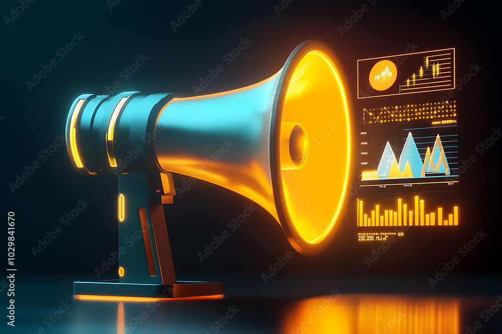 Poster a stylized megaphone with data visualizations, symbolizing communication and analytics.