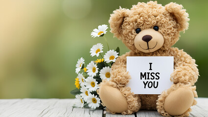 teddy bear with the message "I miss you" and flowers. I MISS YOU,  love, cute romance, couples card.,love background copy-space