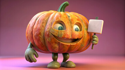 Friendly cartoon pumpkin with a blank sign, perfect for children's books and Halloween decorations.