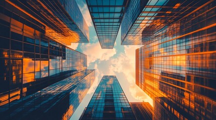 A stunning view of skyscrapers from below, showcasing reflections of blue glass and a vibrant sunset in the sky.