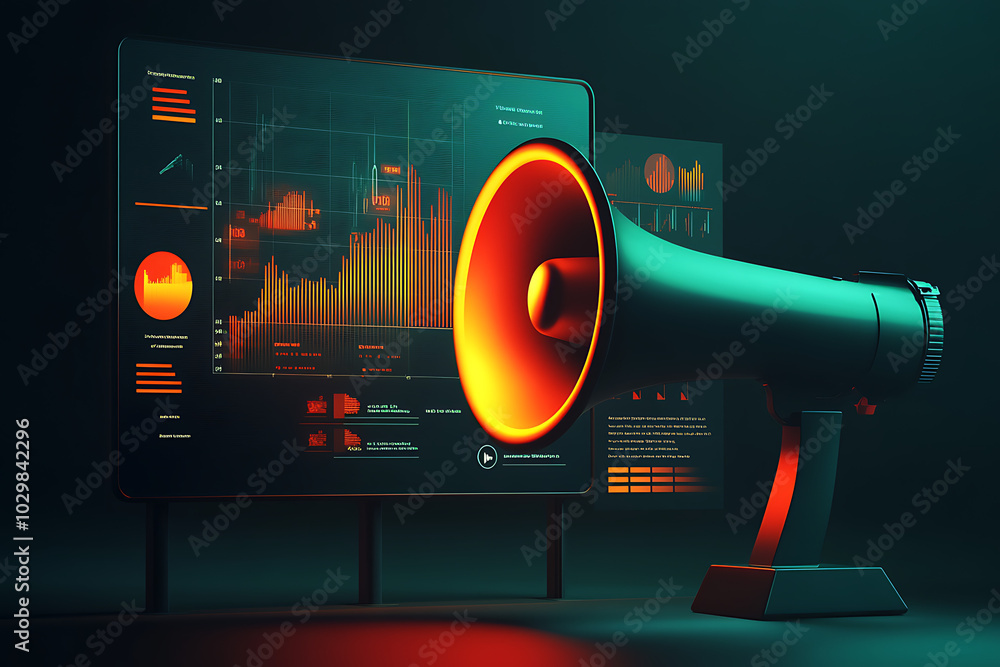 Poster a megaphone displays data visualizations on a screen, suggesting communication and analytics.