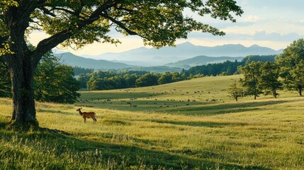 Fototapeta premium Serene View of Peaceful Meadow with Grazing Deer