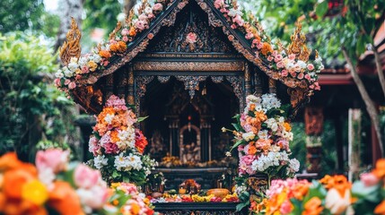 Fototapeta premium Ornate Floral Shrine Surrounded by Colorful Flowers