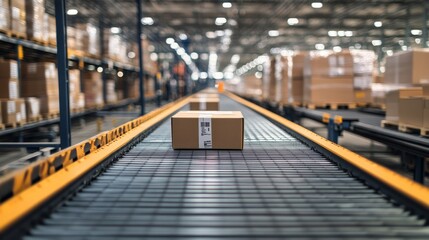 Naklejka premium Conveyor belts with packages symbolize efficient micro-fulfillment processes in modern warehouses.