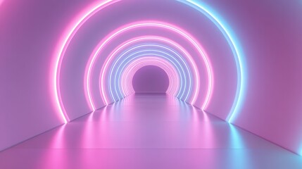 Fototapeta premium A neon pink and blue tunnel with neon lights. The tunnel is long and narrow