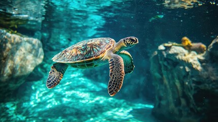 Obraz premium Serene Sea Turtle Swimming Gracefully Underwater