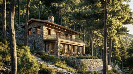 Obraz premium Serene Rustic Mountain Villa Surrounded by Nature