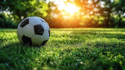 Fototapeta premium A classic black and white soccer ball resting on a vibrant green field, illuminated by the warm glow of the setting sun in a peaceful park.