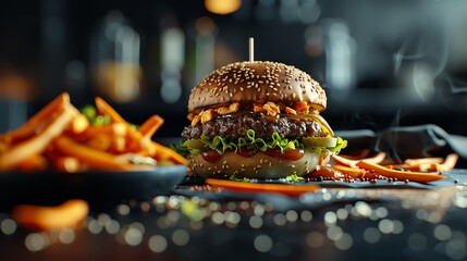 Burger with sweet potato fries and dipping sauce, modern setup, 3D illustration