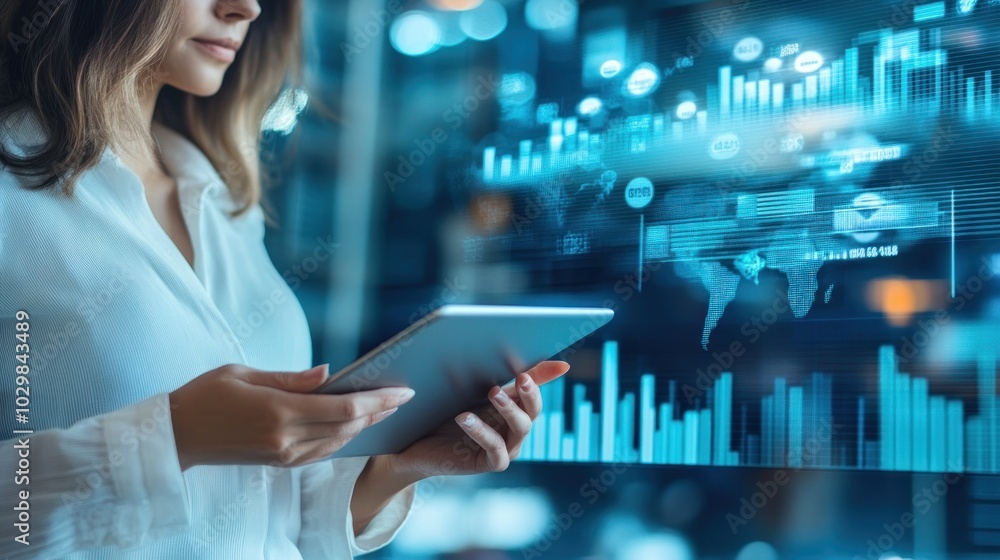 Aufkleber a businesswoman using a tablet to analyze data and graphs projected on a large screen.
