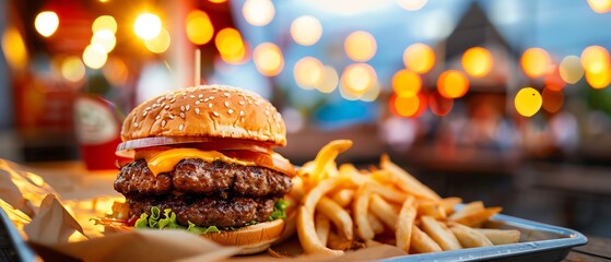 Classic burger drive-thru at sunset with glowing lights, vintage menu boards, and a freshly made burger on a retro tray