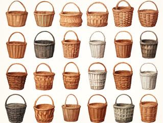 Gorgeous Set of many different wicker baskets with laundry isolated on white