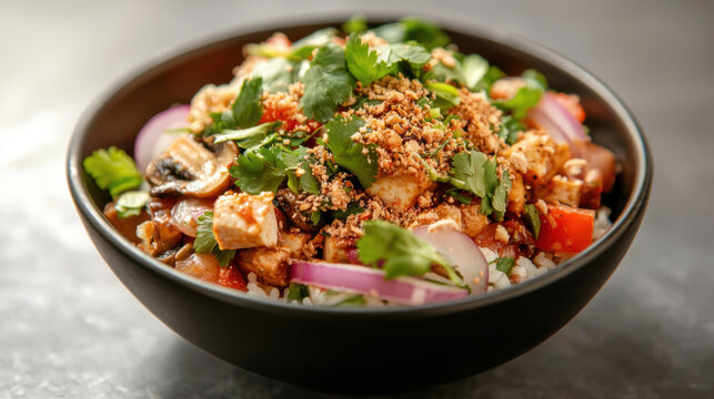 vibrant bowl of vegan larb featuring tofu, mushrooms, and fresh herbs, garnished with crushed peanuts and served over rice. This dish is delightful blend of flavors and textures
