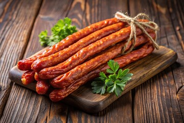 Thin dry smoked Polish sausage on wooden background with selective focus from aerial perspective