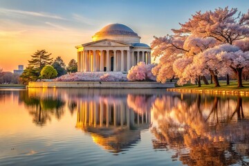 Thomas Jefferson Memorial at sunrise with cherry blossoms in Washington DC