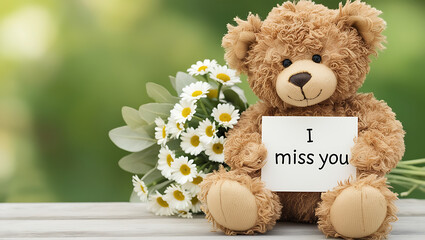teddy bear with the message "I miss you" and flowers. I MISS YOU,  love, cute romance, couples card.,love background copy-space
