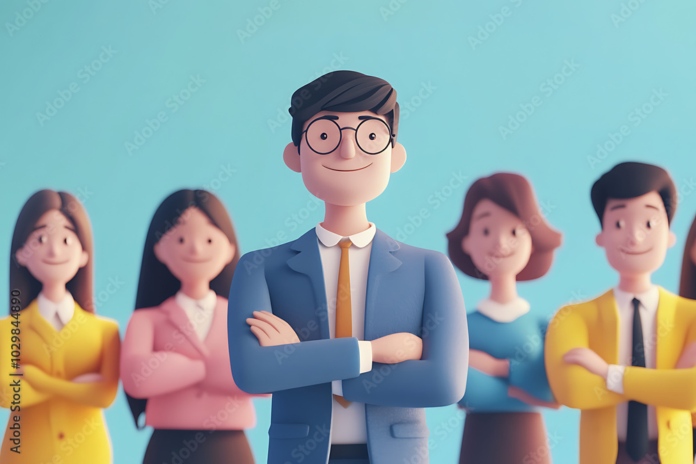 Poster a diverse group of animated characters representing teamwork and professionalism.