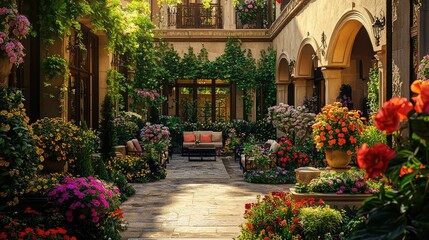 Fototapeta premium Beautifully Landscaped Courtyard with Vibrant Flowers