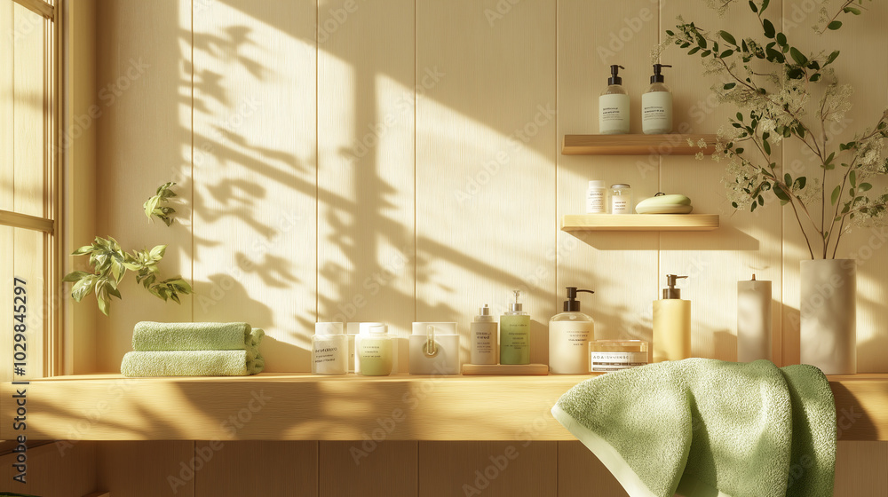 Wall mural A minimalist bathroom with pale wooden wallpaper