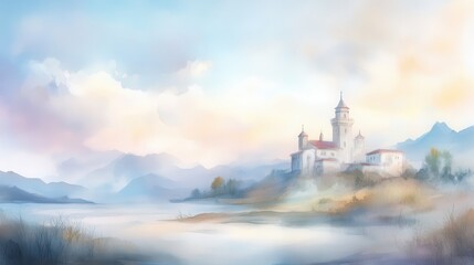 Fototapeta premium A painting of a mountain landscape with a castle in the distance. The sky is blue and the mountains are covered in clouds. The castle is white and has a red roof. The painting has a peaceful