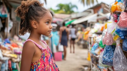 Obraz premium Caribbean Girl Shopping in Vibrant Market Scene