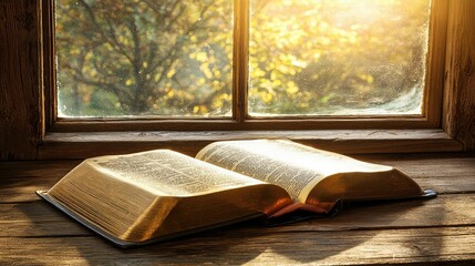 Open Bible on a Wooden Table by a Sunny Window