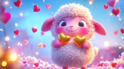 Fototapeta premium A cute cartoon avatar of an anthropomorphic sheep named with pink and white fur