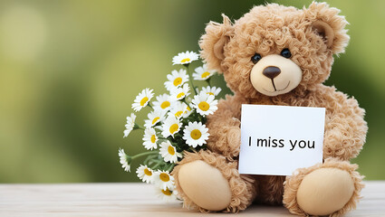 teddy bear with the message "I miss you" and flowers. I MISS YOU,  love, cute romance, couples card.,love background copy-space