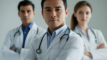 Fototapeta premium A close-up photograph of three young Asian doctors standing in front,