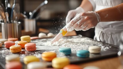 Obraz premium Baker Piping Colorful Macarons with Flour Dusting