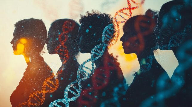 Diverse group of people with dna strands, symbolizing genealogy and genetic heritage.