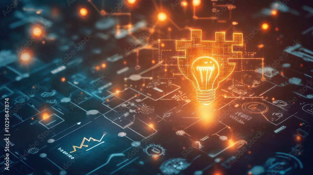 Poster a glowing light bulb shaped like a puzzle piece sits on a circuit board representing innovation and 