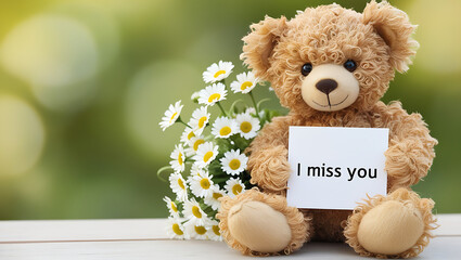 teddy bear with the message "I miss you" and flowers. I MISS YOU,  love, cute romance, couples card.,love background copy-space