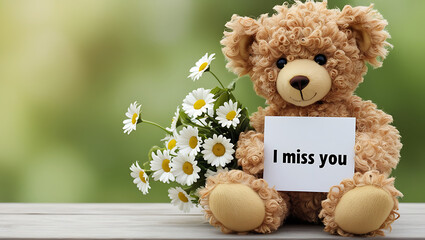 teddy bear with the message "I miss you" and flowers. I MISS YOU,  love, cute romance, couples card.,love background copy-space