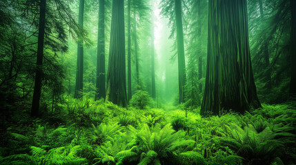 Obraz premium A dense redwood forest shrouded in mist, with towering ancient trees disappearing into the fog above. v4