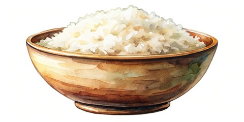 Tilted angle bowl with rice in watercolor style on white background