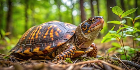 Obraz premium Tilted angle box turtle navigating through forest underbrush