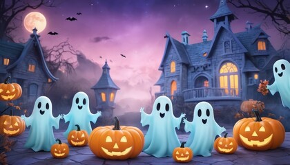 A soft Halloween background in pastel colors featuring friendly ghosts, smiling pumpkins, and whimsical bats, creating a playful and cheerful arrangement. Perfect for a lighthearted holiday theme