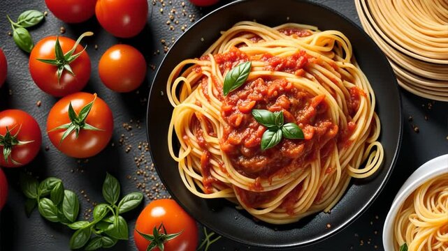 spaghetti with tomato sauce and basil