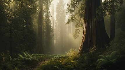 Obraz premium A dense redwood forest shrouded in mist, with towering ancient trees disappearing into the fog above.