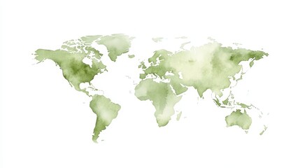 A watercolor painting of the world with green tones. The painting is of a world map with the continents and oceans