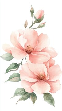 A watercolor painting of two pink flowers with green leaves. The flowers are arranged in a way that they are almost touching each other, creating a sense of unity and harmony