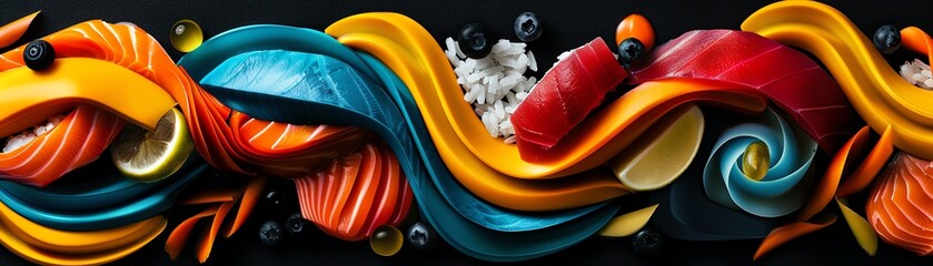 Obraz premium Abstract sushi art in vibrant colors, conceptual blend of fish and rice in geometric shapes
