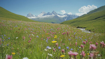 A vibrant wildflower meadow in the foothills of the Alps, with a patchwork of colorful flowers. v2