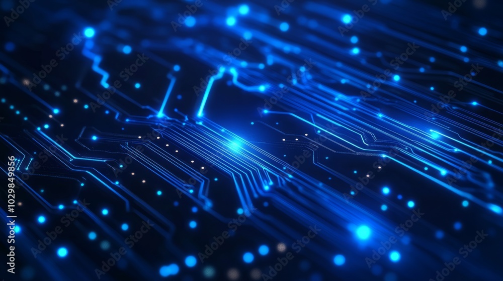 Poster thin circuit trace lines in blue on a dark technology background. abstract digital tech bg. electron