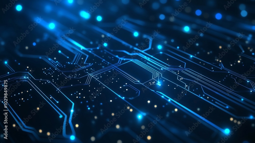 Poster thin circuit trace lines in blue on a dark technology background. abstract digital tech bg. electron